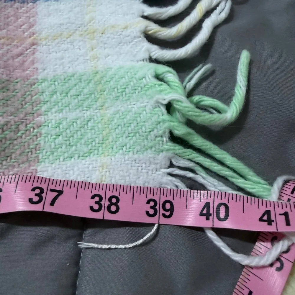 Vintage Pastel Plaid Baby Blanket Woven Acrylic Fringe Pink Yellow Blue 32x40